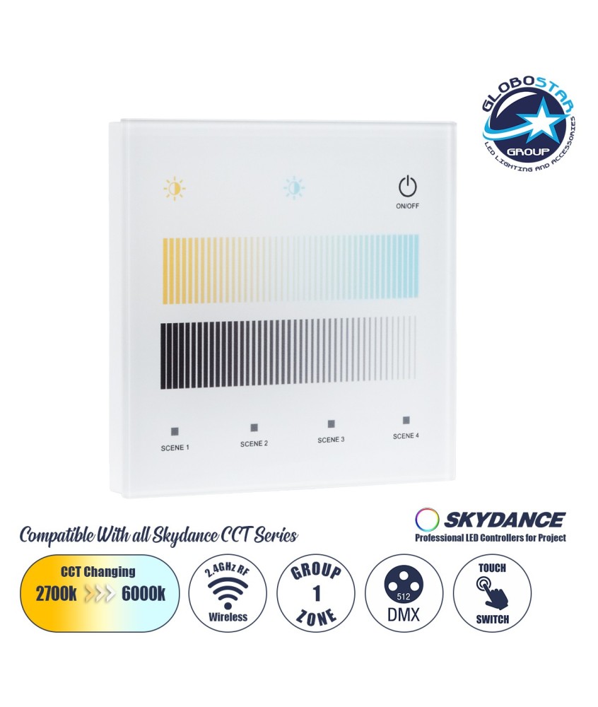 GloboStar® 73151 T12-S SKYDANCE Ασύρματο DMX512 Επιτοίχιο Χειριστήριο RF 2.4Ghz 1 Group για όλα τα SKYDANCE DMX512 Controller AC 100-240V Max 0.1A - IP20 Μ8.5 x Μ8.5 x Π8.5 x Υ3.5cm - 5 Χρόνια Εγγύηση